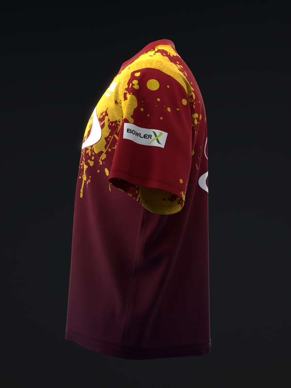 Burgundy bowling jersey with gold and yellow splatter design and Bowler logo