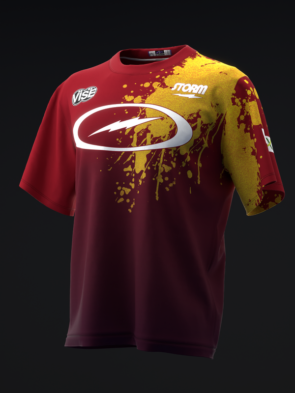 Red and gold bowling jersey with white logo and splatter design, front view