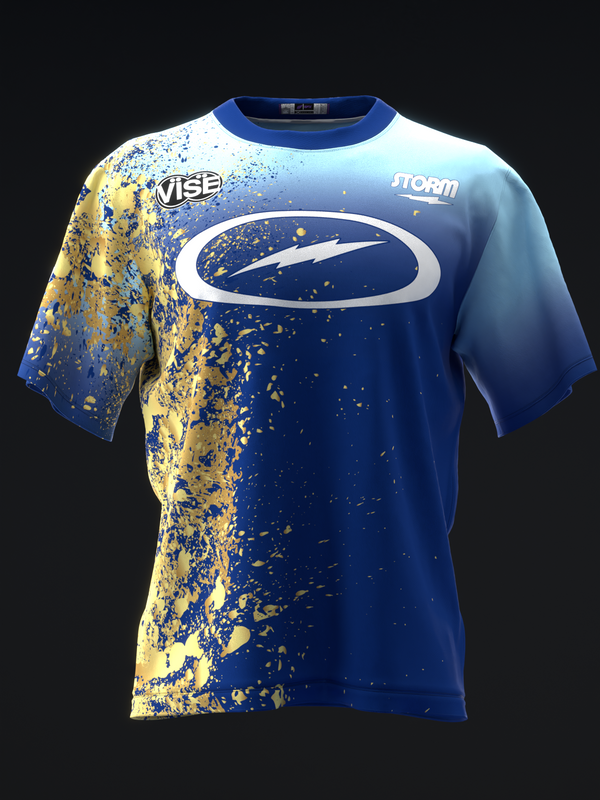 Blue and gold bowling jersey with white oval logo and splatter design, front view