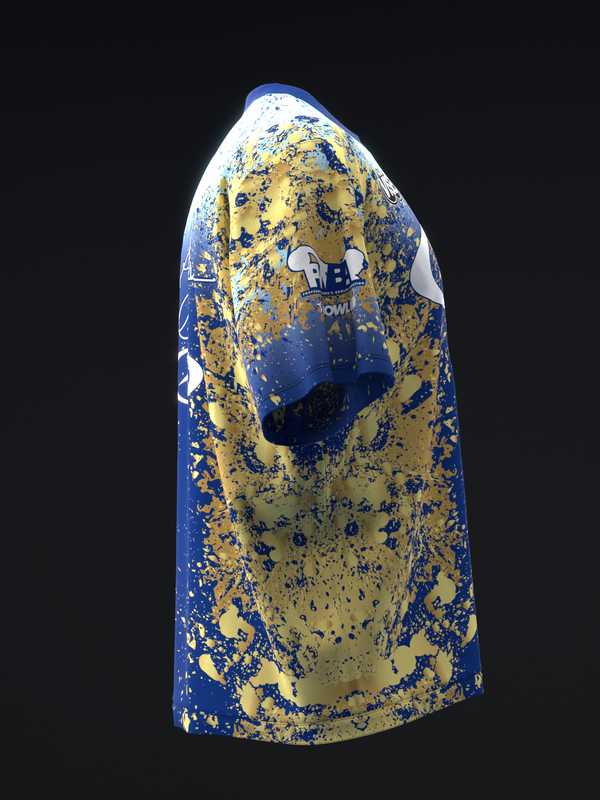 Blue and gold splatter pattern bowling jersey, front view on mannequin