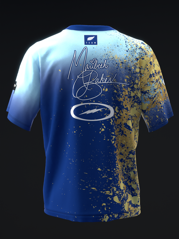 Blue bowling jersey with gold splatter pattern and script signature design, back view