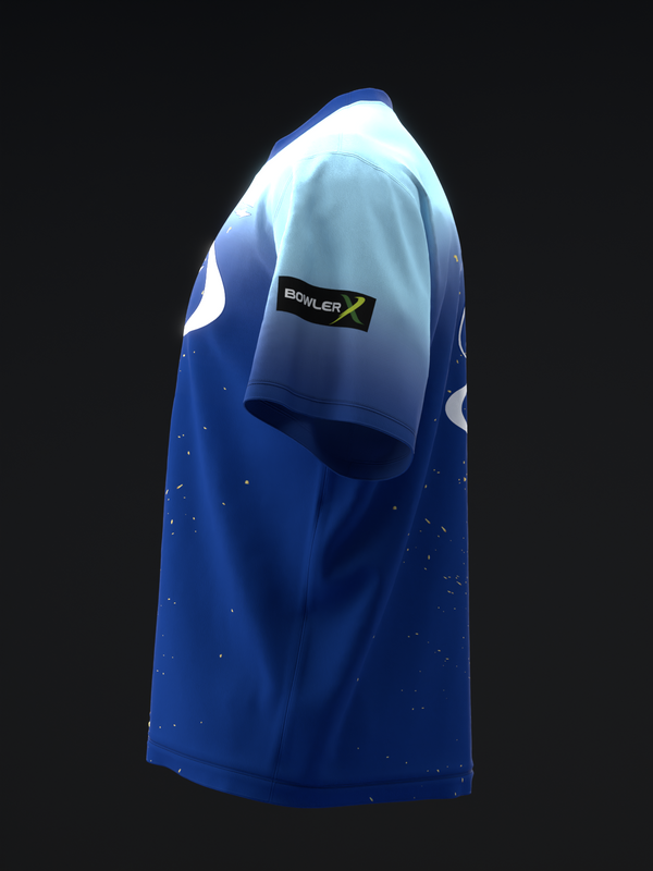 Blue and white bowling jersey with speckled pattern, side view