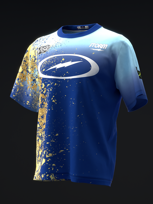 Blue bowling jersey with white oval logo and yellow splatter design on sleeves
