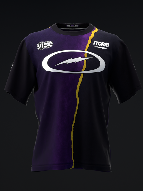 Purple and black bowling jersey front with white oval logo and gold stripe detail
