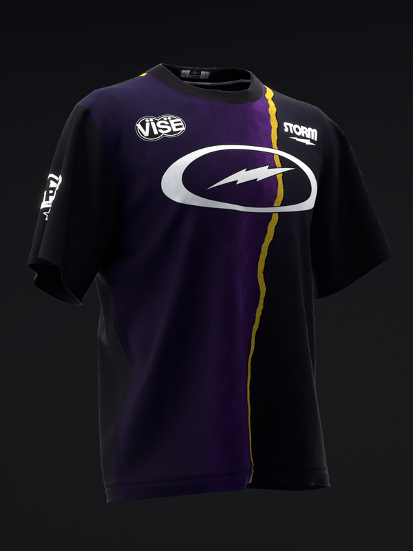 Purple and black bowling jersey with white oval logo and gold stripe detail