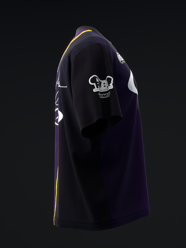 Navy bowling jersey with gold trim, skull graphic, back view displayed