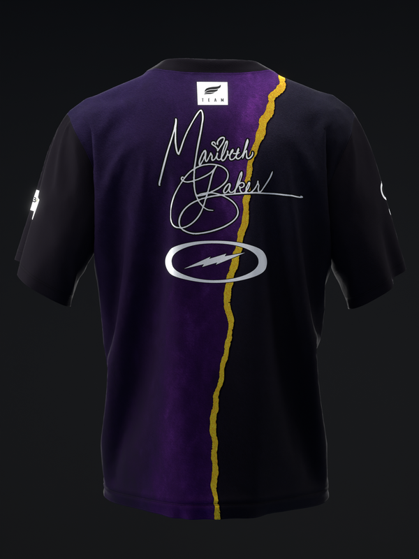 Back view of purple and black bowling jersey with gold stripe and signature graphic