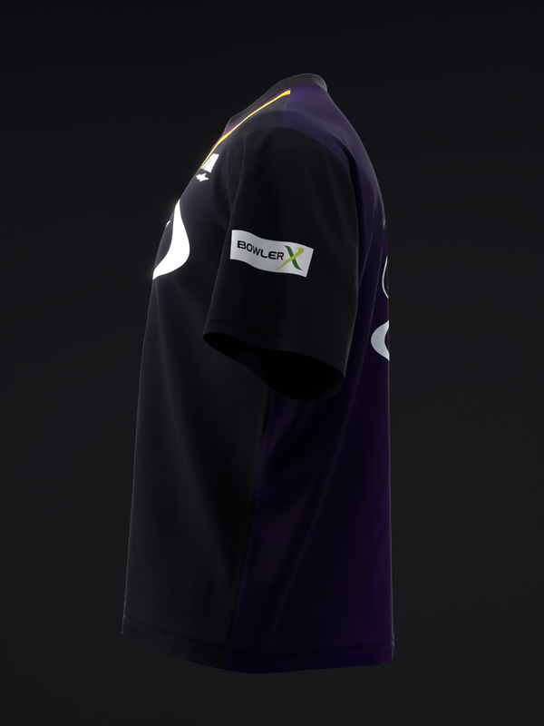 Dark navy bowling jersey with white accents and gold trim detail, side view