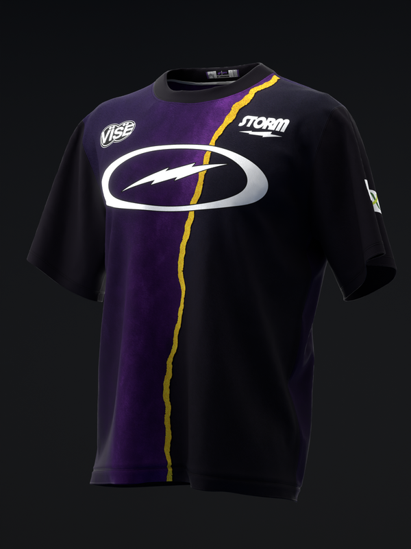 Black and purple bowling jersey with white logo and gold stripe detail, front view