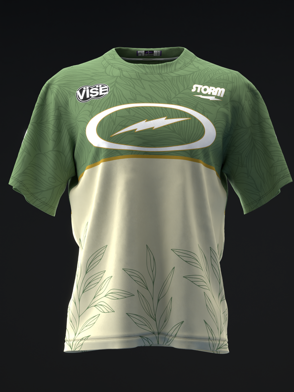 Green and cream two-tone bowling jersey with white oval logo and leaf pattern detail