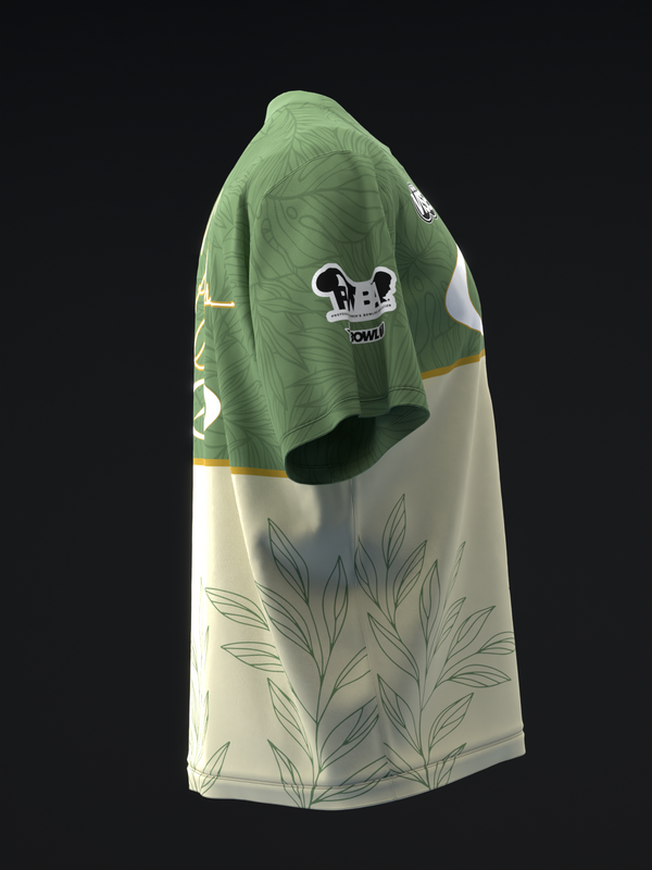 Sage and cream two-tone bowling jersey with leaf pattern and logo graphic