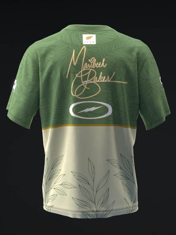 Back view of sage green and cream two-tone bowling jersey with signature and leaf pattern