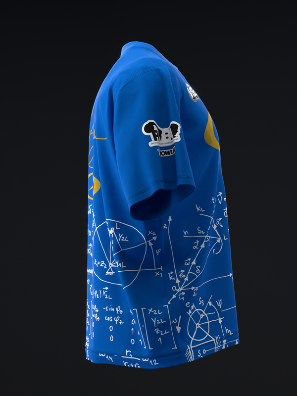 Blue bowling jersey with mathematical schematic graphics and skull emblem on back