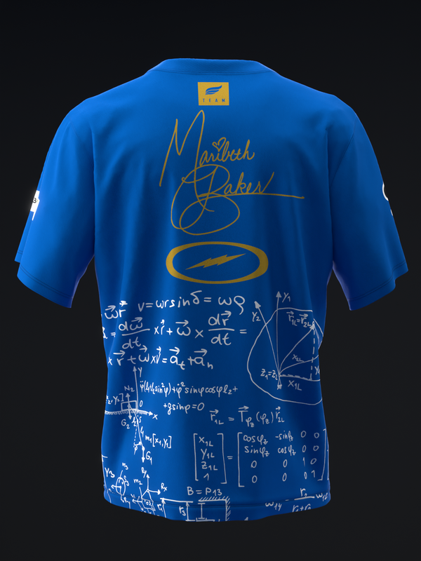 Blue bowling jersey with gold signature, logo, and mathematical equations printed overall back view