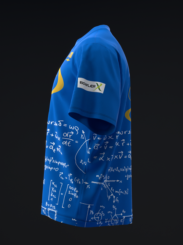 Blue bowling jersey with mathematical equations and schematic graphics printed throughout