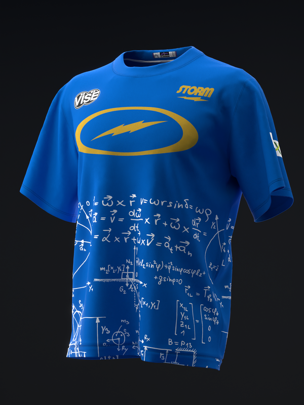 Blue bowling jersey with yellow oval logo and white mathematical equations graphic