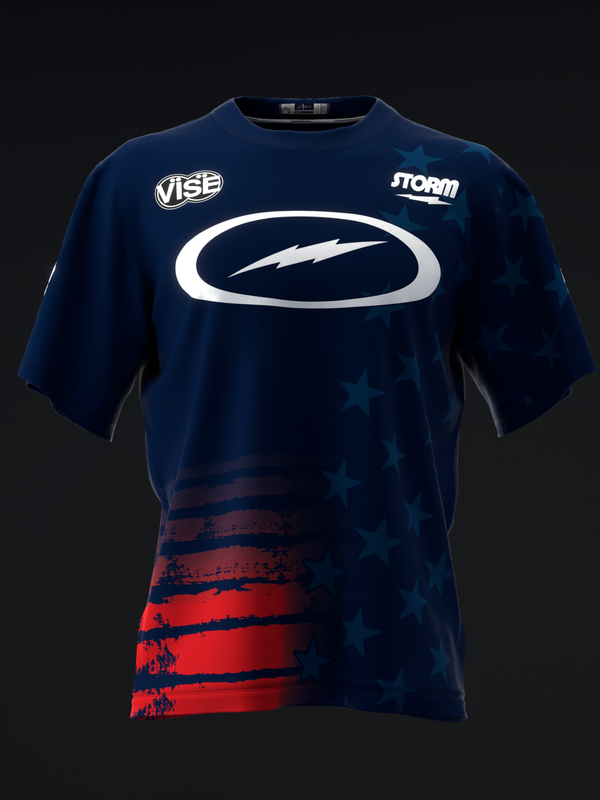 Dark blue bowling jersey with white oval logo, lightning bolt, and red striped lower panel