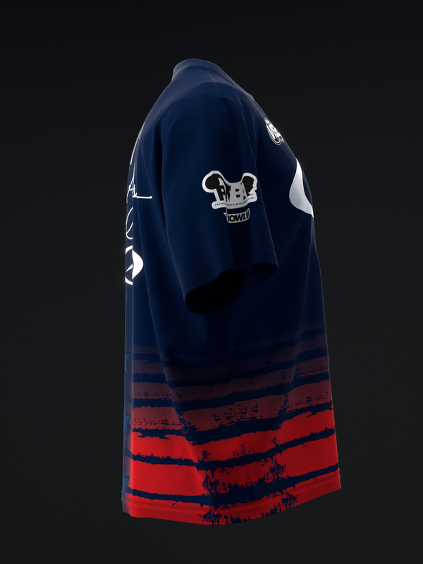 Navy and red bowling jersey with white skull graphic and horizontal stripes, back view