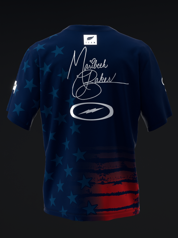 Navy bowling jersey with stars, red stripes, and signature graphic on back