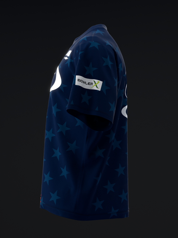 Navy bowling jersey with all-over star pattern and white accents, side view