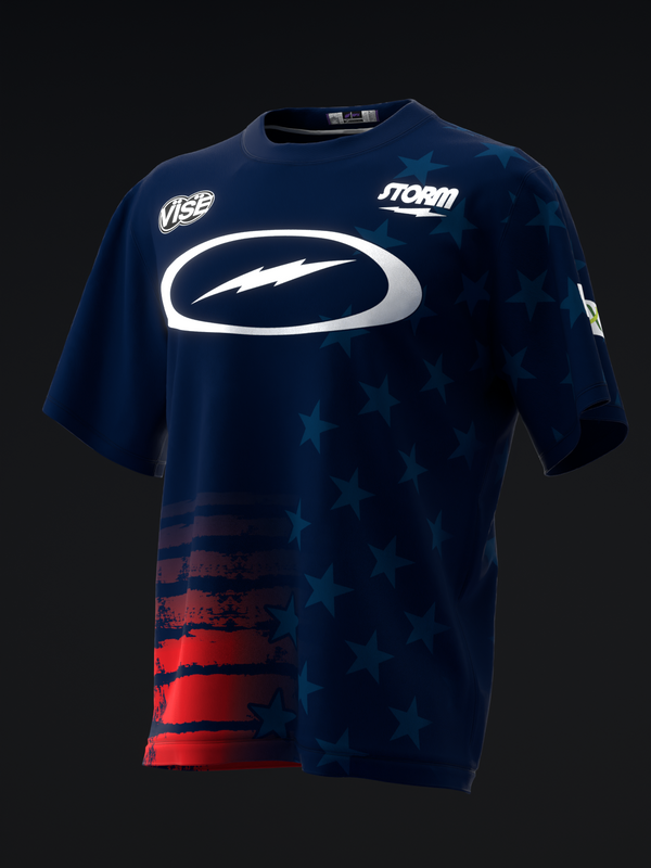 Navy bowling jersey front with white oval logo and stars and stripes pattern