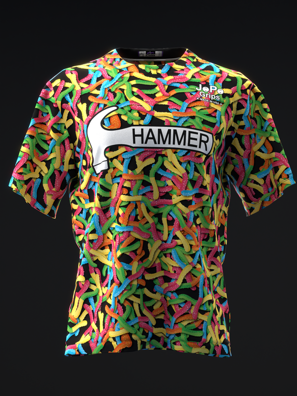 Bowling jersey with vibrant multicolor gummy worm print and Hammer logo, front view