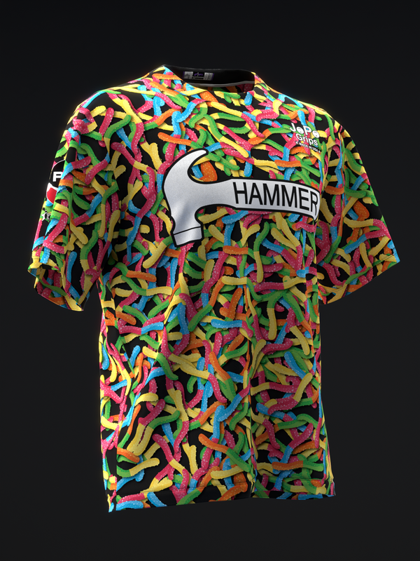 Front view of colorful bowling jersey with multicolor gummy worm pattern and Hammer logo