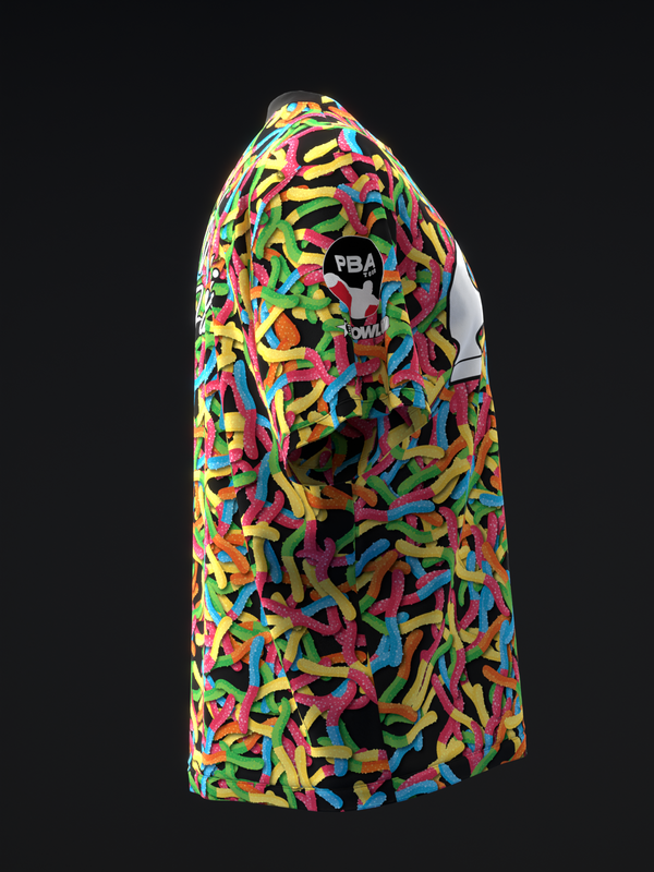 Colorful bowling jersey with vibrant gummy worm print, side view