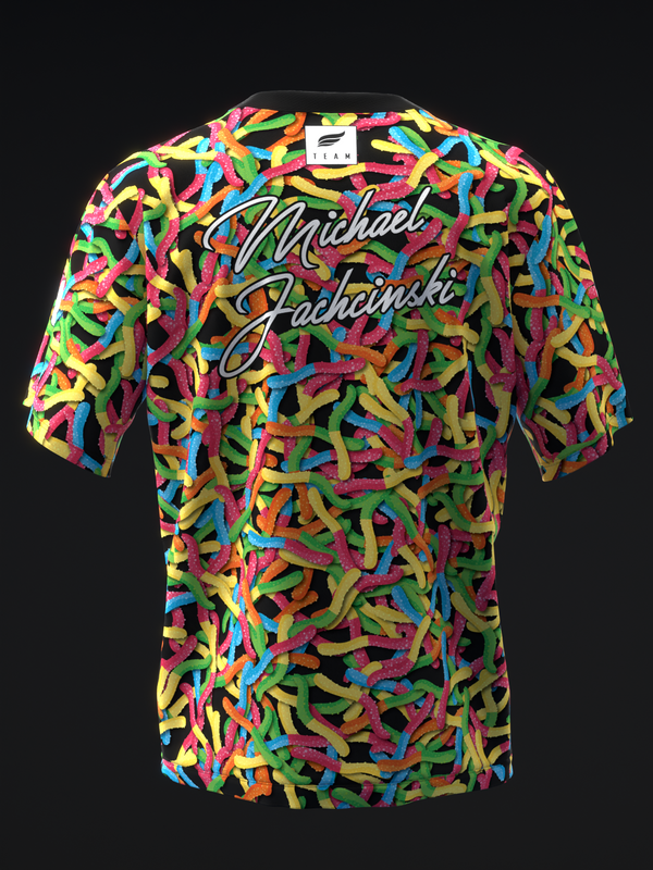 Colorful bowling jersey with multicolored worm pattern and script text back