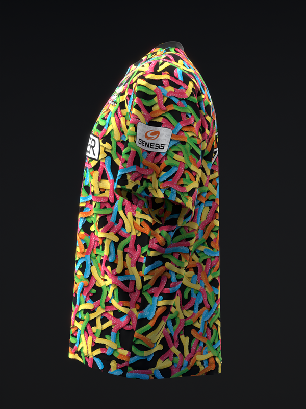 Bowling jersey with vibrant multicolored gummy worm abstract pattern on black, side view