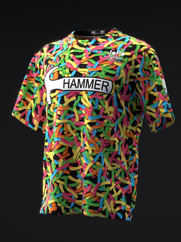 Colorful bowling jersey with vibrant gummy worm pattern and Hammer logo, front view