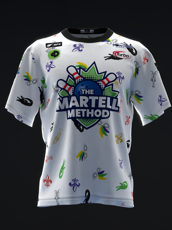 White bowling jersey with The Martell Method logo and colorful Mardi Gras themed graphics throughout
