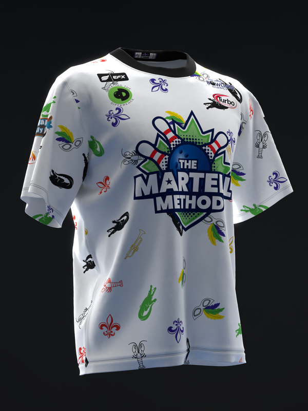 White bowling jersey with Mardi Gras-themed allover print and central logo patch