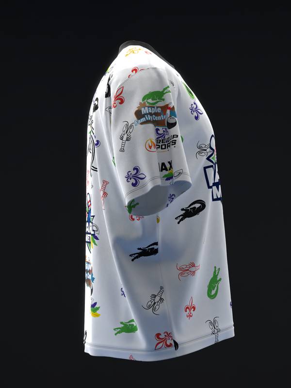 White bowling jersey with colorful Mardi Gras-themed icons and graphics throughout