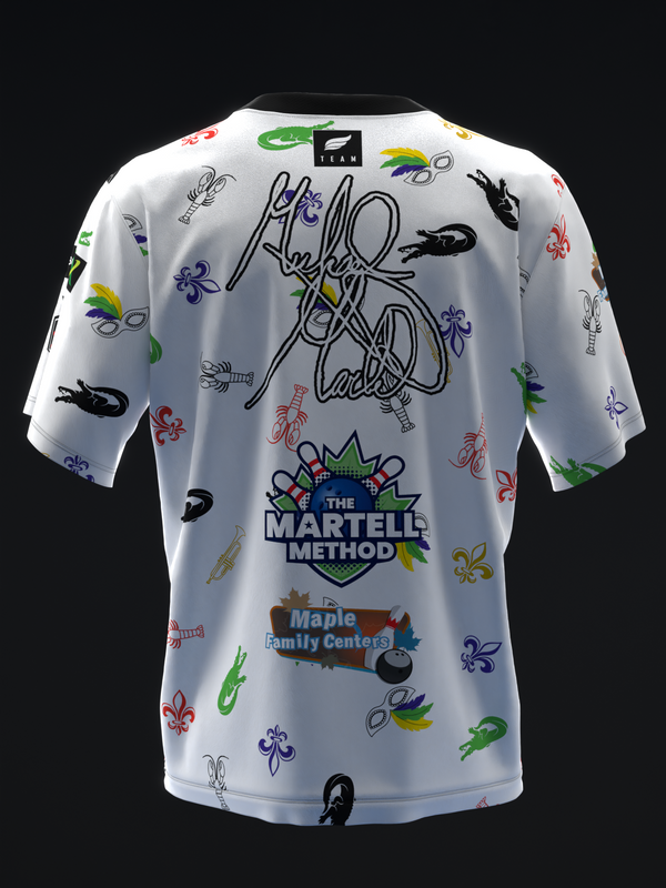 White bowling jersey back with Mardi Gras themed icons and signatures