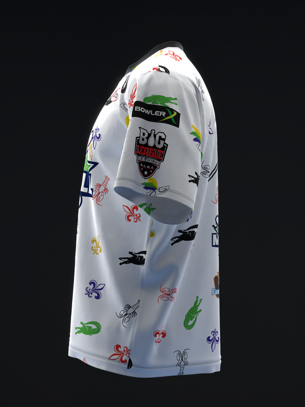 White bowling jersey with colorful Mardi Gras themed graphics and logos, side view