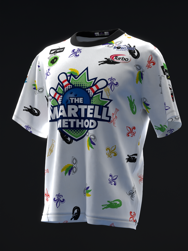 White bowling jersey with colorful Mardi Gras icons and central graphic design
