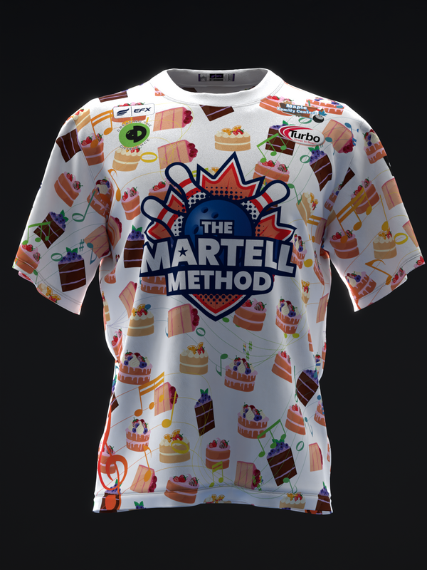 White bowling jersey with colorful dessert pattern and "The Martell Method" graphic, front view