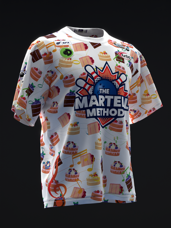 White bowling jersey with colorful cake and music note pattern throughout