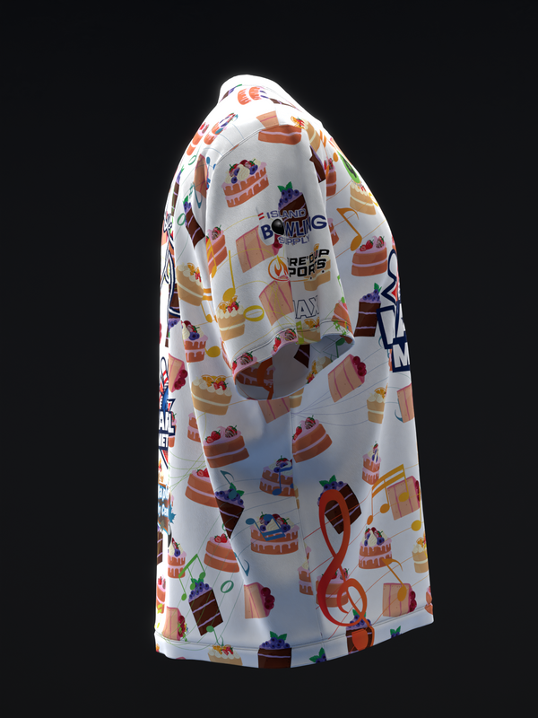 White bowling jersey with colorful cake and dessert pattern throughout