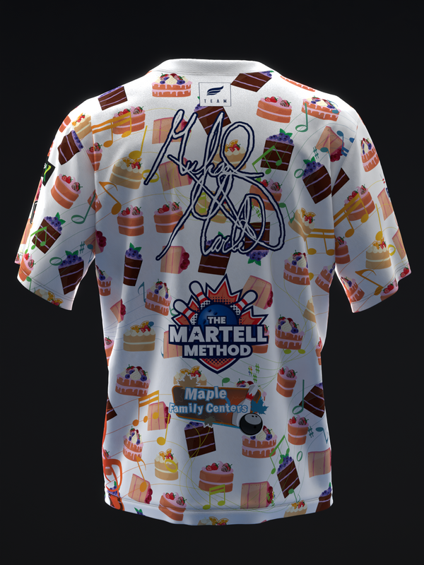 White bowling jersey with colorful cake pattern and Martell Method graphics on back