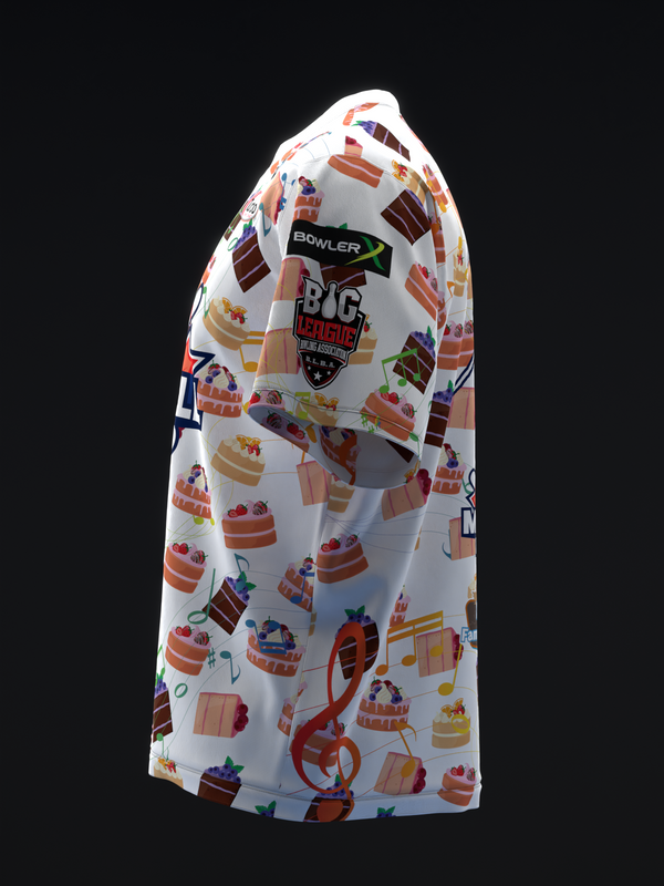 White bowling jersey with cake and musical note print, side view