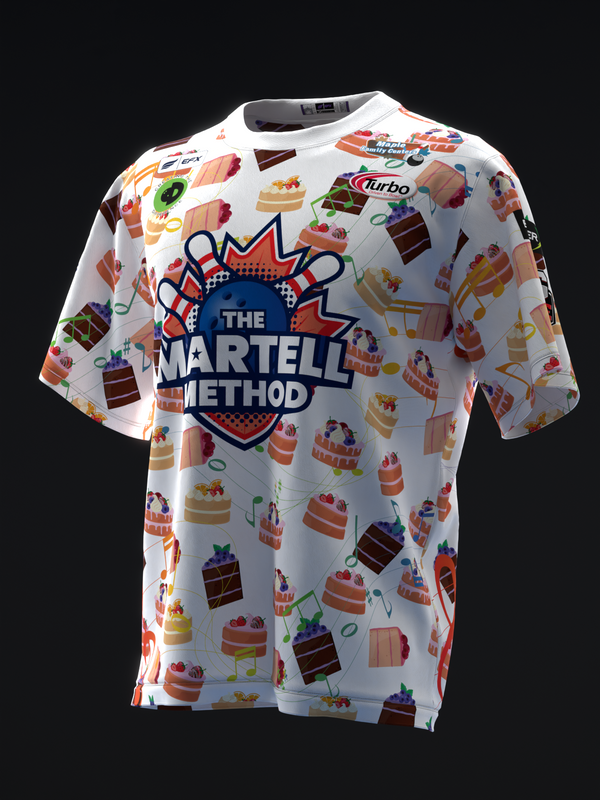 White bowling jersey with colorful cake and dessert pattern and "The Martell Method" logo on front