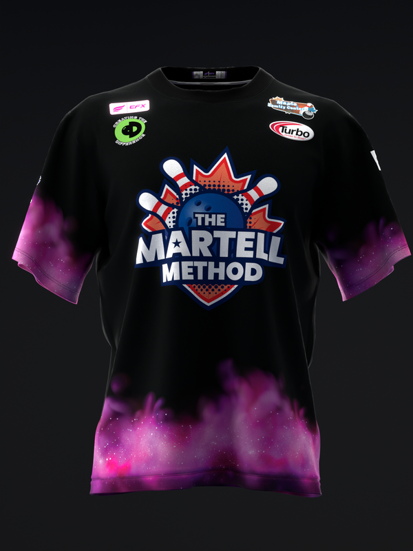 Black bowling jersey with purple gradient sleeves and The Martell Method graphic