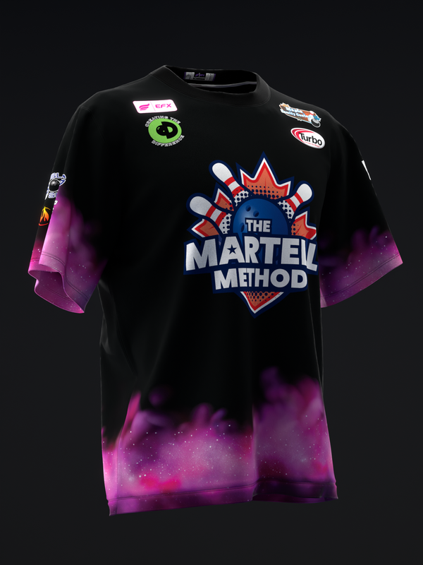 Black bowling jersey with magenta ombre gradient, bowling pins graphic, and text design