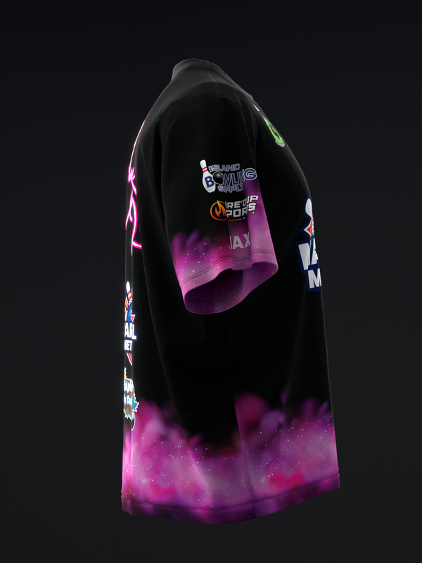 Black bowling jersey with magenta galaxy print and colorful logo graphics