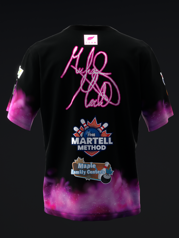 Black bowling jersey back view with pink neon signature and galaxy sleeves