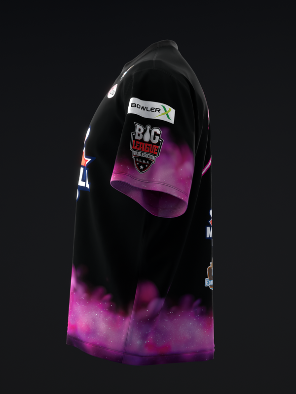 Black bowling jersey with magenta gradient fade and graphic design, side view