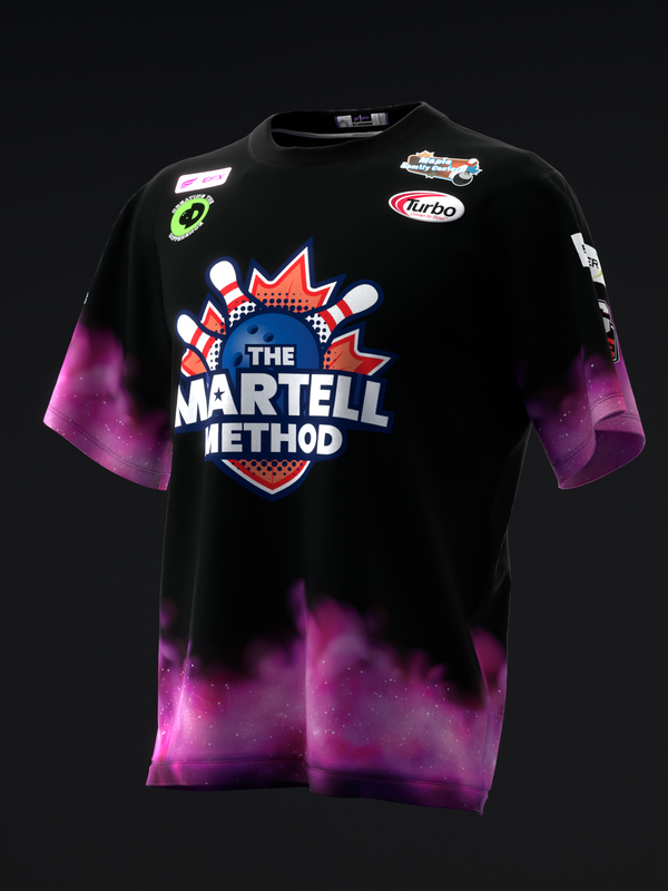 Black bowling jersey with purple gradient sleeves and Martell Method graphic logo front view