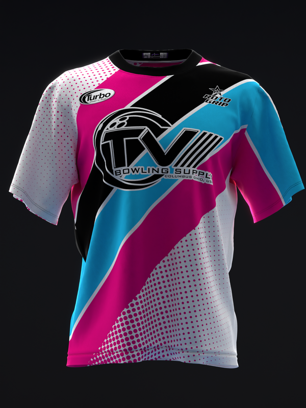 Bowling jersey front view with magenta, cyan, and white color-blocked stripes and dot pattern